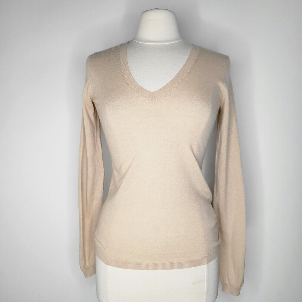 Pink Tartan Beige Cashmere Sweater Size Xs Leather Elbows Neutral Preppy